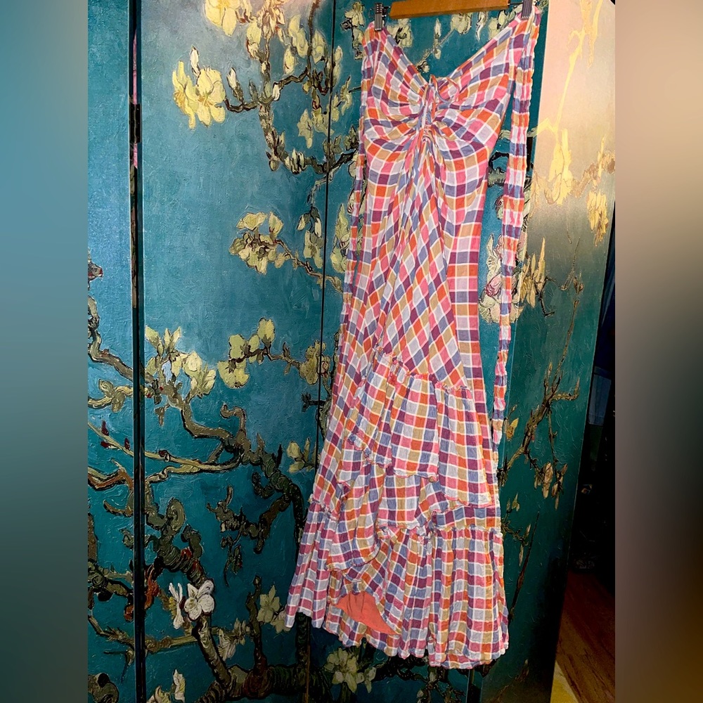Free people plaid cotton ruffle dress sz 0